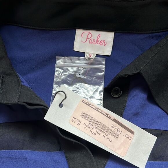 Parker Mesh Inset Top Silk Blue Black Size Medium NWT - Picture 3 of 7